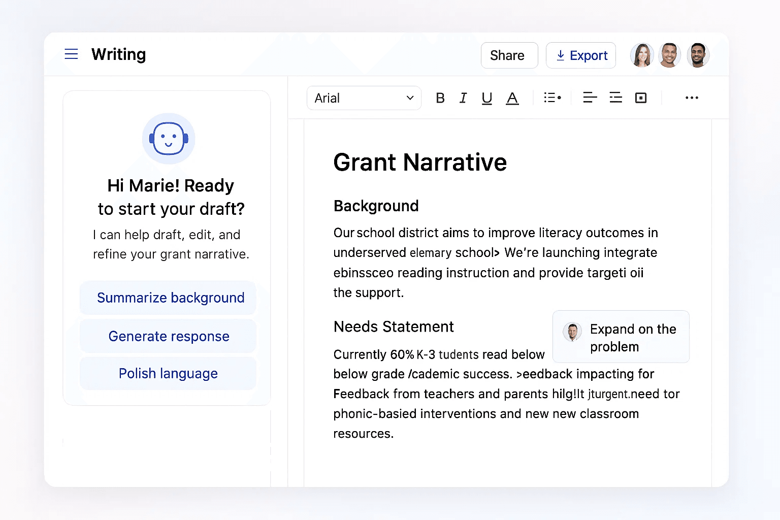 Guided Grant Writing interface preview